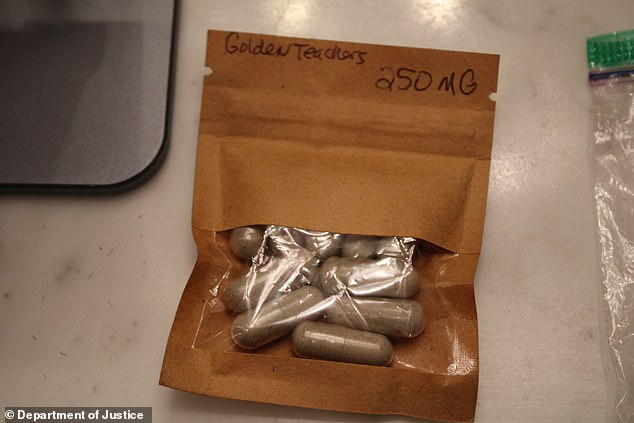 A bag of 'golden teachers' capsules found inside the mansion. The term is often used as slang for magic mushhrooms