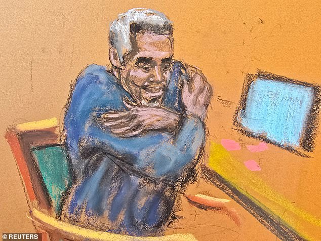 Diddy, pictured in a court sketch drawn Wednesday, has gone totally gray after being held in a federal prison while awaiting trial