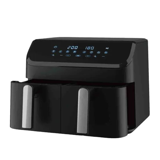 Black dual-drawer air fryer with digital controls.