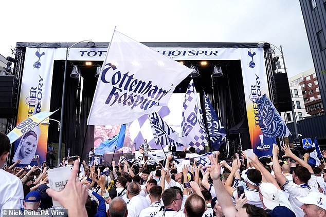 An estimated 80,000 fans from both teams have descended on the city in what has been described as an ¿English invasion¿. Pictured: Tottenham fans near the San Mames stadium