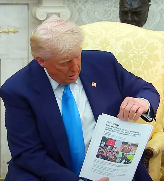 President Donald Trump holding a print out of Daily Mail article during a meeting with South Africa's President Cyril Ramaphosa in the Oval Office of the White House in Washington, DC, on Wednesday, May 21, 2025