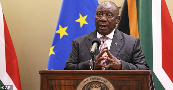 FILE - South Africa's President Cyril Ramaphosa speaks to journalist during the eighth EU-South Africa summit in Cape Town, South Africa, March 13, 2025. (AP Photo/Nardus Engelbrecht, File)