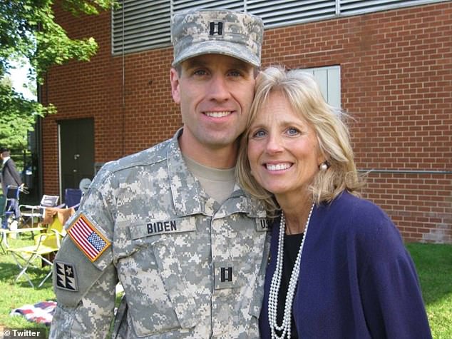 Jill Biden with Beau Biden, before his death, when he was in the National Guard