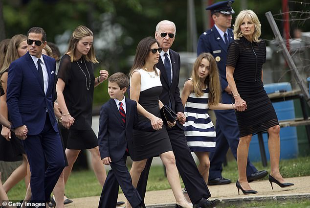 Then-Vice President Joe Biden (center) and Jill Biden arrive with their family for Beau Biden's funeral service