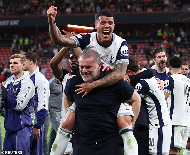 Tottenham's stars embraced their manager Ange Postecoglou after he ended their trophy wait