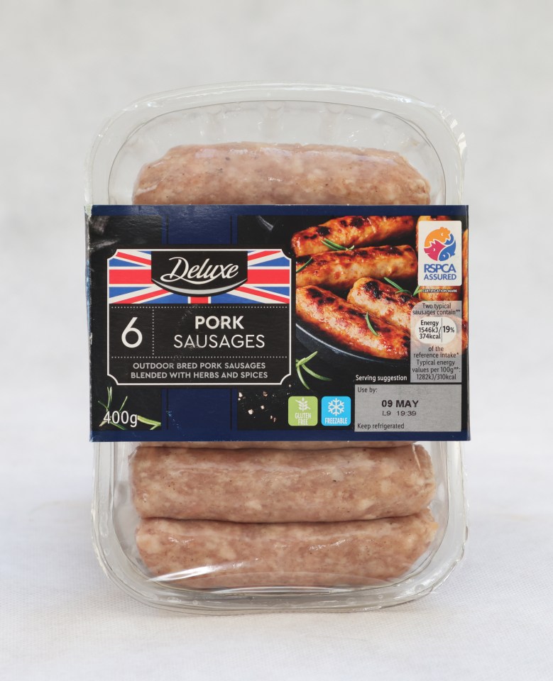 Package of six Lidl Deluxe pork sausages.