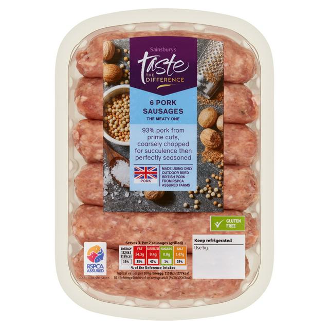 Package of six Sainsbury's Taste the Difference British pork sausages.