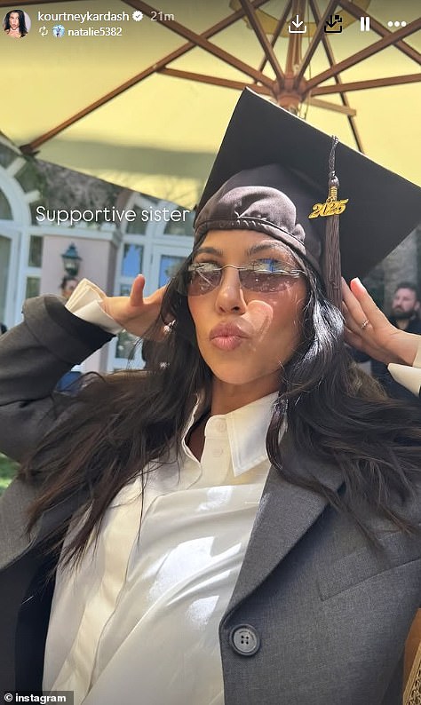 Olde sister Kourtney Kardashian also celebrated, posing in a graduation cap in an Instagram snap