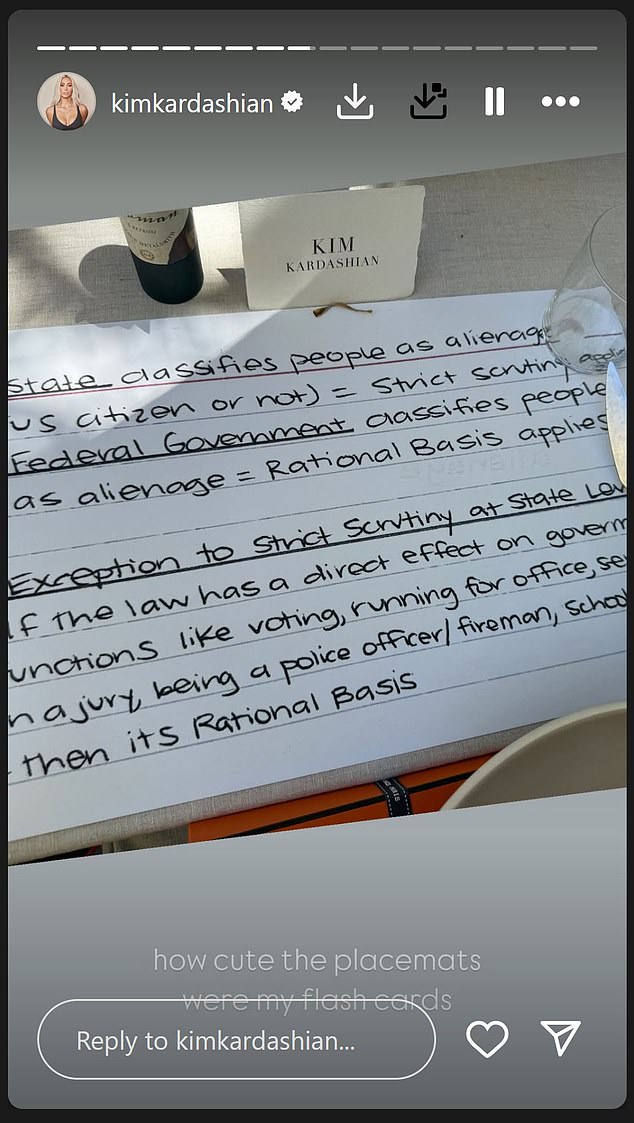 Kim also showed a photo of the placemats at the celebration, which were versions of her study flash cards