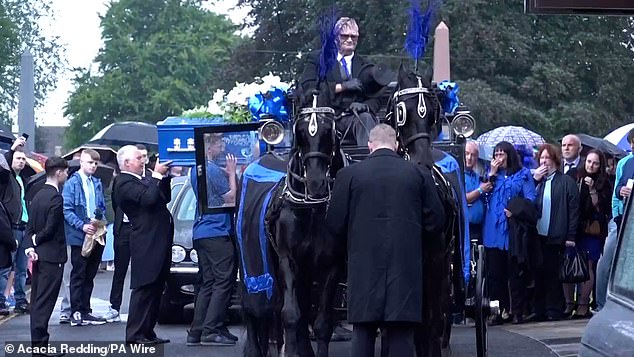 The coffin of Jay Slater ahead of his funeral in Accrington, Lancashire, on August 10, 2024, where mourners wore the colour blue in his memory