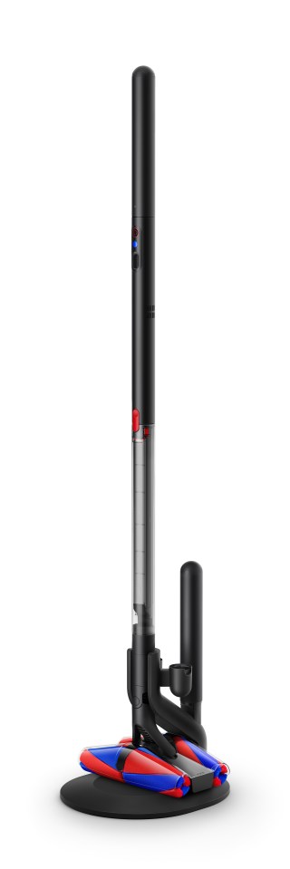 Illustration of a black stick vacuum cleaner with red and blue cleaning rollers.