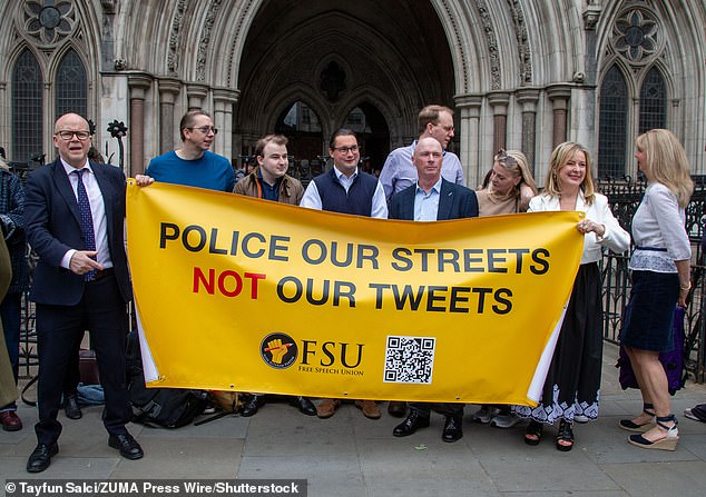 Raymond Connolly outside the Royal Courts of Justice as his wife appealed her sentence, with supporters including journalists Allison Pearson and Dan Wootton, and Toby Young, founder and director of the Free Speech Union