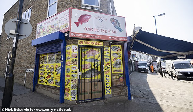 The high street features a fishmonger named 'One Pound Fish'