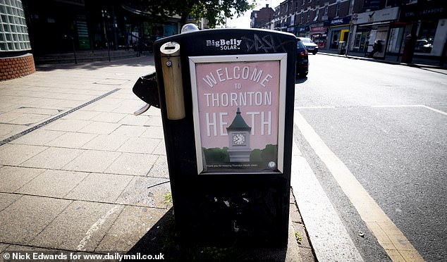 Many bins in the area feature posters titled 'Welcome to Thornton Heath' with an image of the clocktower