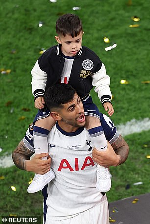 The man of the match carried his son on his shoulders after the victory
