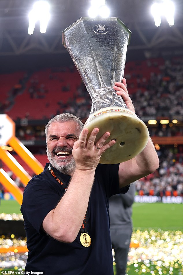 Ange Postecoglou scored the biggest win of his life when he took Tottenham to Europa League glory with a 1-0 win over Manchester United (pictured)