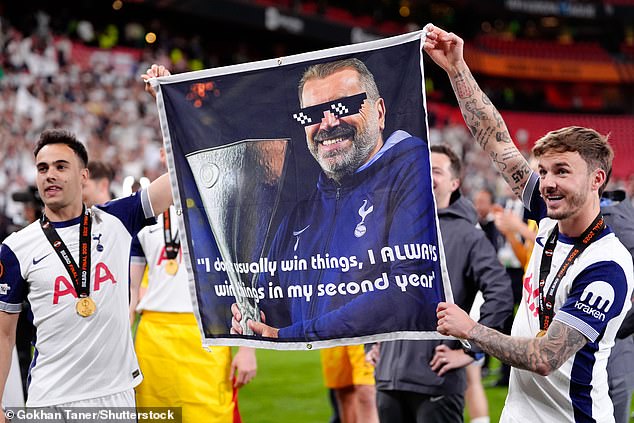Tottenham stars Sergio Reguilon (left) and James Maddison remind the Europa League final crowd that Ange was true to his word when he said he'd win a trophy in his second year