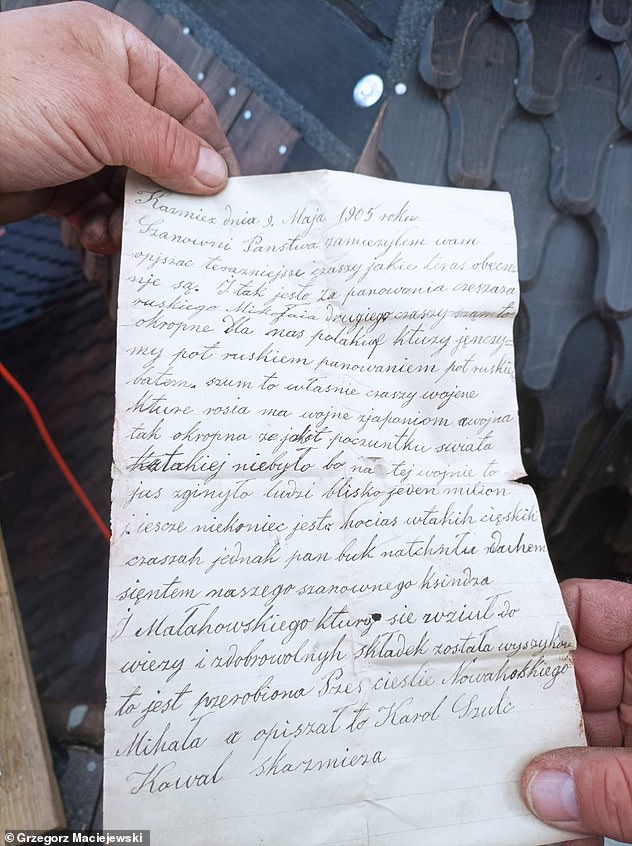 Penned in May 1905 by a local blacksmith named Karol Szulc, the 'time capsule' letter was discovered during conservation work at the 16th century Benardine monastery in the village of Kazimierz Biskupi
