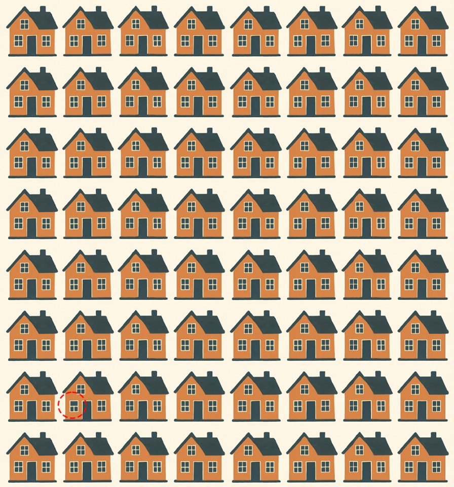 Illustration of a pattern of identical houses, with one different house circled.