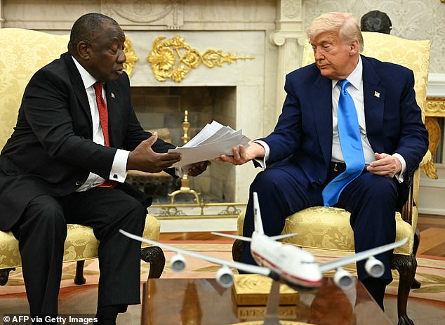 Trump made Ramaphosa watch a video which purportedly backed up his claims and also held up printouts of various newspaper articles which he said were evidence