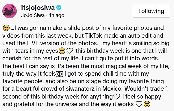 Captioning the post, JoJo told her followers she'd had 'the most magical week of her life,' and her 'heart is smiling so big'