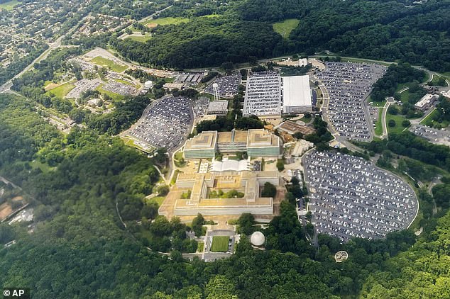 Sources told CBS News that the woman had failed to stop and was shot in the upper body. An aerial view of the campus is seen here