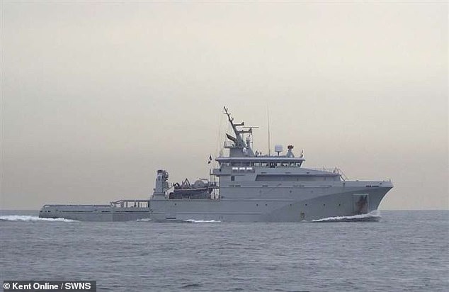 A French navy ship, believed to be a Loire-class vessel, was seen monitoring the dinghy's progress