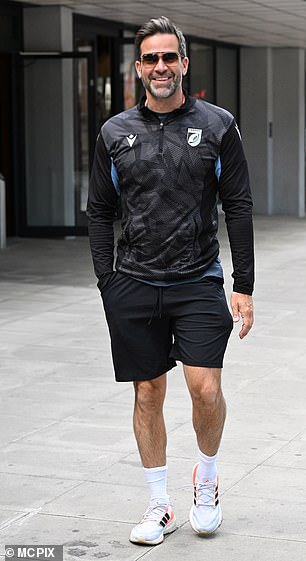 Gethin left a few minutes after Helen as he put on a sporty display in a Cardiff rugby long-sleeved top and shorts
