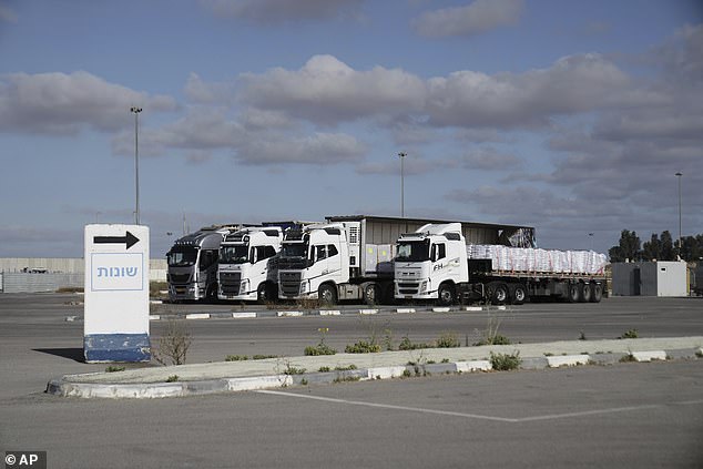 Trucks load with humanitarian aid for the Gaza Strip are seen at the Kerem Shalom Crossing in southern Israel, Tuesday May 20, 2025