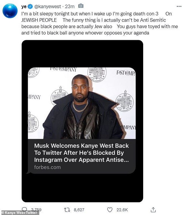 It all began in 2022 when the Black Skinhead rapper tweeted he was going 'death con 3 on Jewish people' - which got him promptly dropped by his agency CAA, production company MRC, Adidas, Gap, and Balenciaga