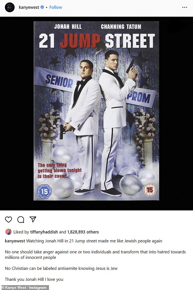 The hip-hop star wrote at the time: 'No one should take anger against one or two individuals and transform that into hatred towards millions of innocent people. No Christian can be labeled anti-Semite knowing Jesus is Jew. Thank you Jonah Hill I love you'