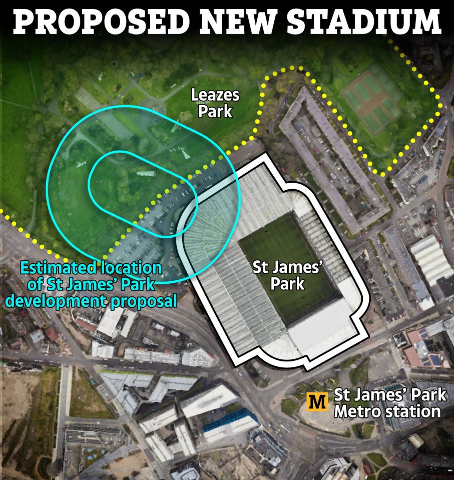 Illustration of proposed new stadium location in St James' Park.
