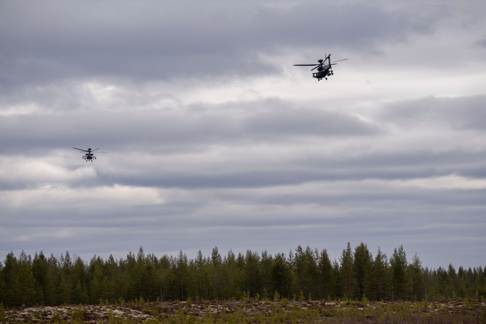Two Apache helicopters flying over a forest.