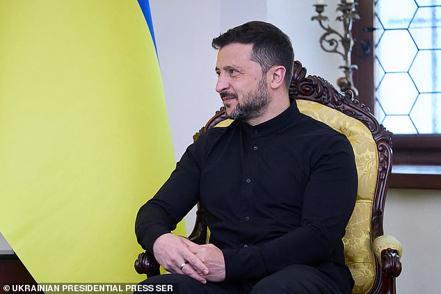Ukraine's President Volodymyr Zelensky attends a maeeting with the Crown Prince of Norway in Kyiv
