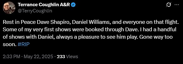 Music executive Terrance Coughlin paid tribute to Williams and Shapiro on X
