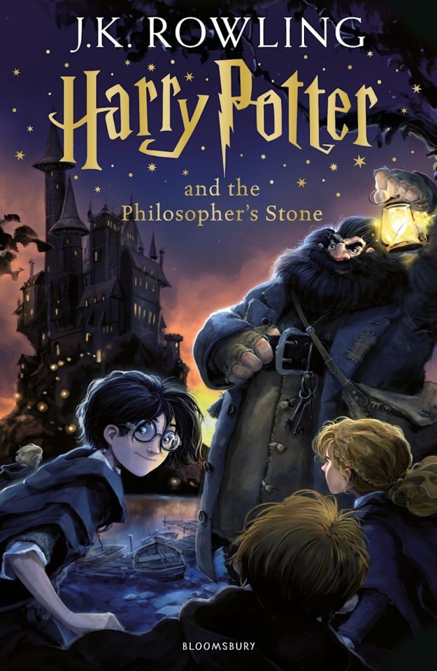 Illustration of Harry Potter and friends arriving at Hogwarts with Hagrid.