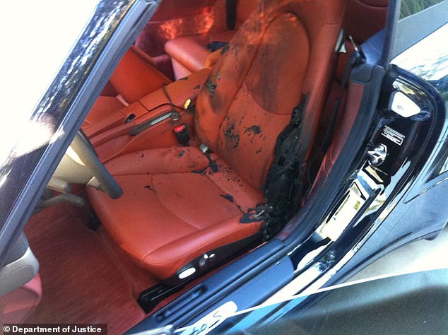 Other photos presented to the jury showed the red leather seats covered in black stains
