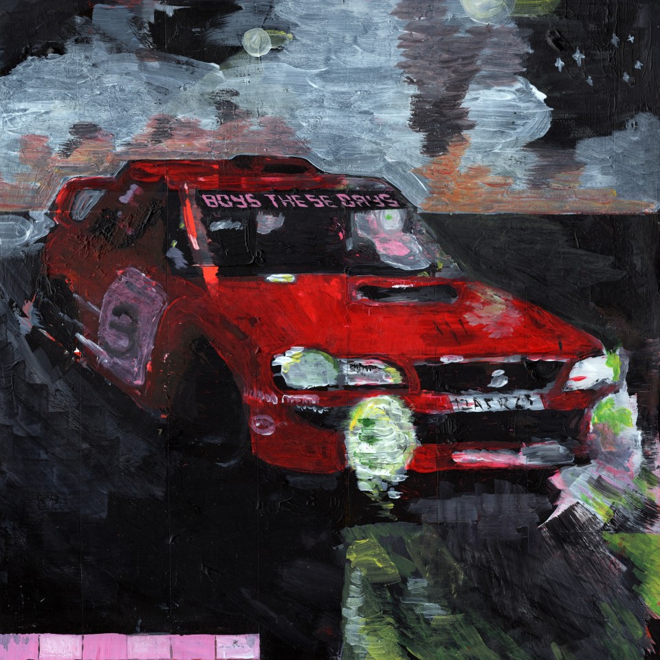 Illustration of a red car driving at night, album art.