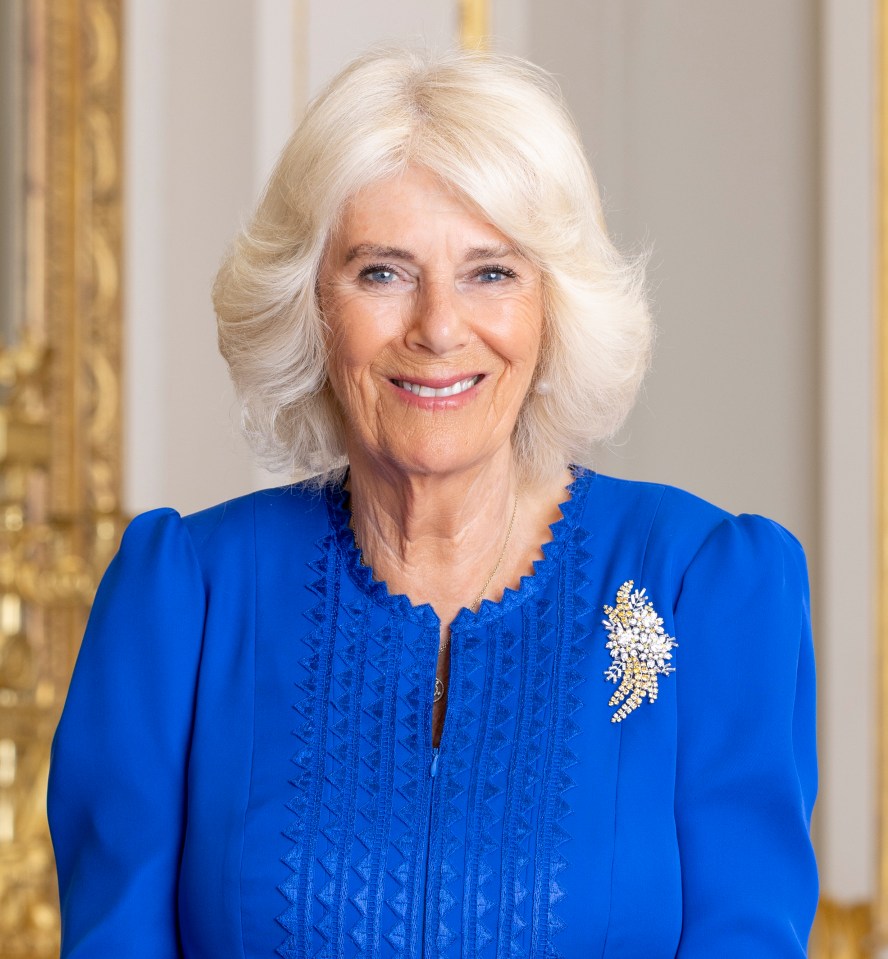 Portrait of Queen Camilla in a blue dress.