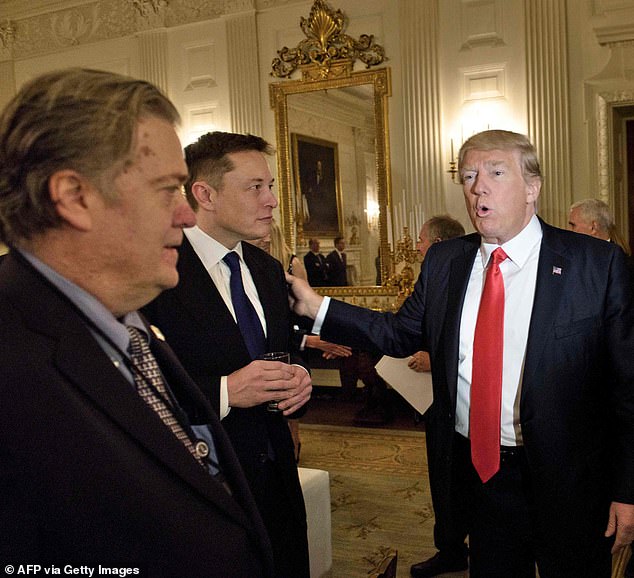 President Donald Trump is scrambling to broker peace between two of his most influential and volatile allies, Steve Bannon, left, and Elon Musk, center. Pictured here together in 2017