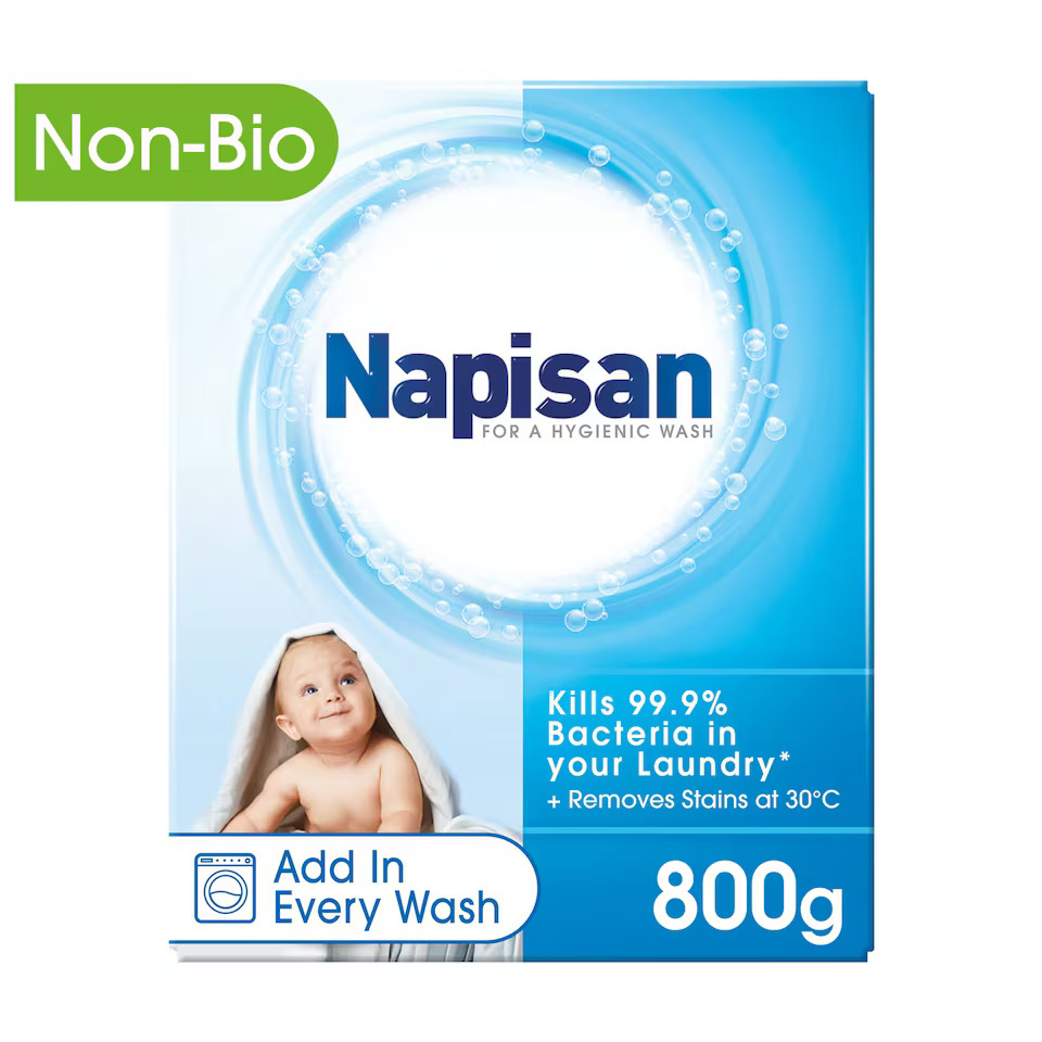 Napisan laundry detergent package, 800g, kills 99.9% of bacteria and removes stains.