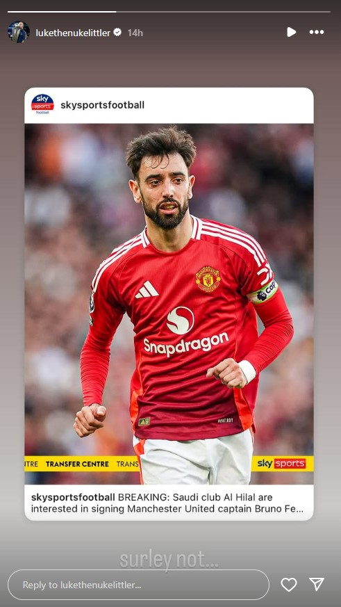 Screenshot of a Sky Sports Football news story reporting that Saudi club Al Hilal is interested in signing Manchester United captain Bruno Fernandes.