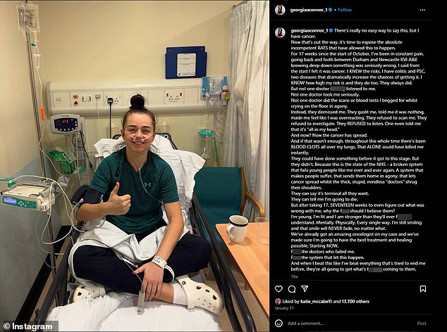 An Instagram post (above) on the late fighter's profile, where she announced her diagnosis on January 31 this year, lays bare the alleged series of failings by NHS staff