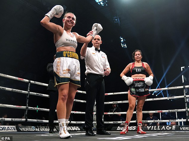 O'Connor (left) celebrates victory against Erica Alvarez (right) in the super welter weight bout at the Utilita Arena, Newcastle in April 2022