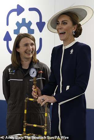 The Princess appeared to be in great form as she shared a laugh while meeting apprentices and graduates during a visit to the BAE Systems' Shipbuilding Academy