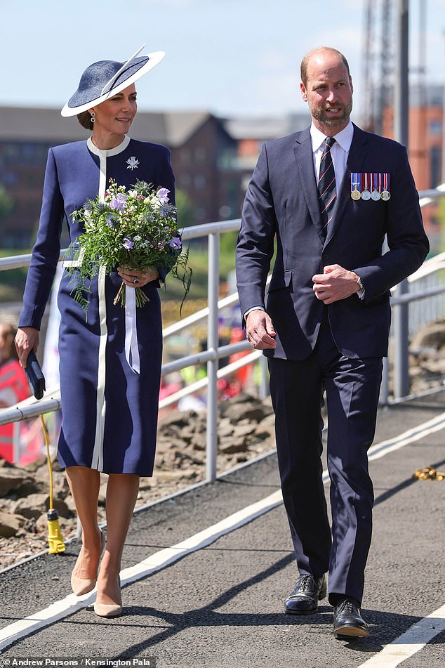 Prince William looked just as sophisticated as his wife in a smart suit with a striped tie (pictured right)