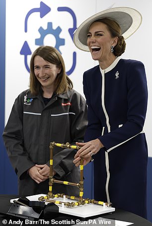 The Princess appeared to be in great form as she shared a laugh while meeting apprentices and graduates during a visit to the BAE Systems' Shipbuilding Academy