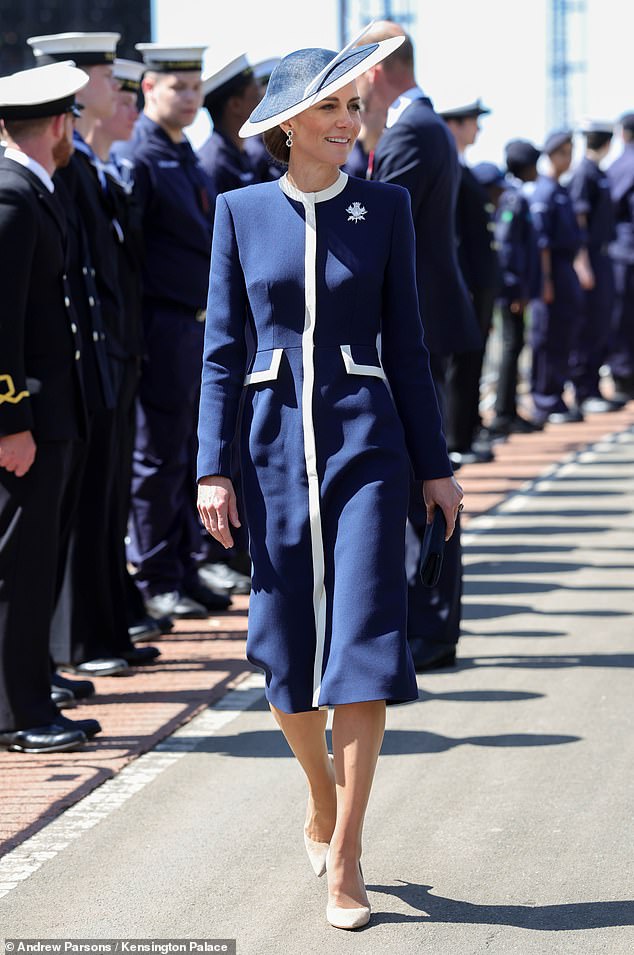 The Princess appeared radiant in a blue and white ensemble which she teamed with cream heels and a navy handbag