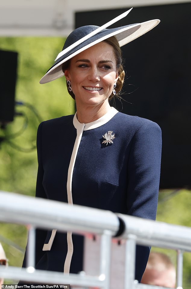 After the naming ceremony, the couple stepped aboard to meet representatives from BAE Systems who have been leading the delivery of the vessel, as well as others from the Royal Navy to discuss the ship's unique capabilities. Pictured, Kate at the event today
