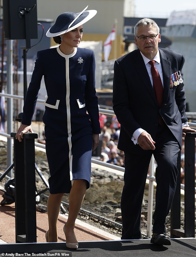 The Princess (pictured left) was congratulated on naming the ship and appeared relieved it had gone to plan